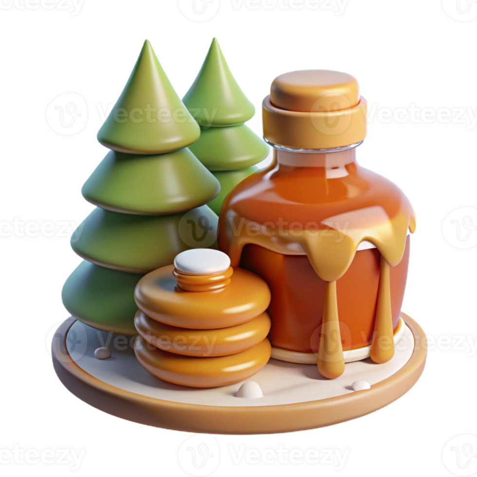 3D glass bottle of maple syrup with pancakes png