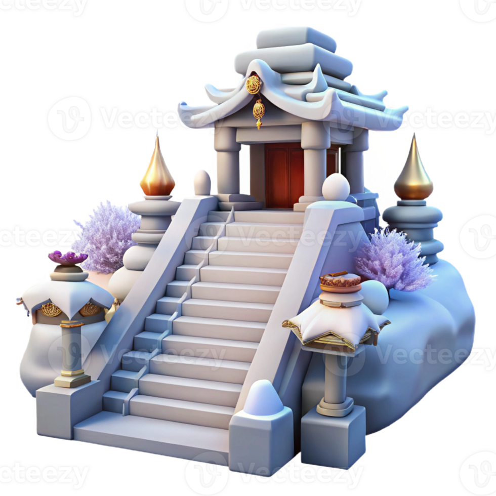 3D snowy staircase adorned with lanterns. png