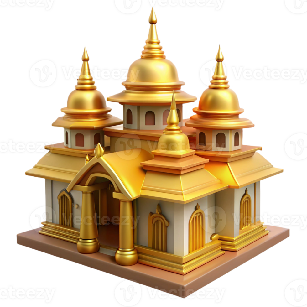 3D golden Buddhist temple with intricate architecture. png