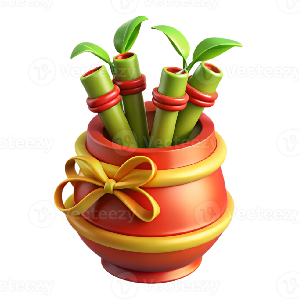 3D small pot of lucky bamboo tied with a ribbon. png
