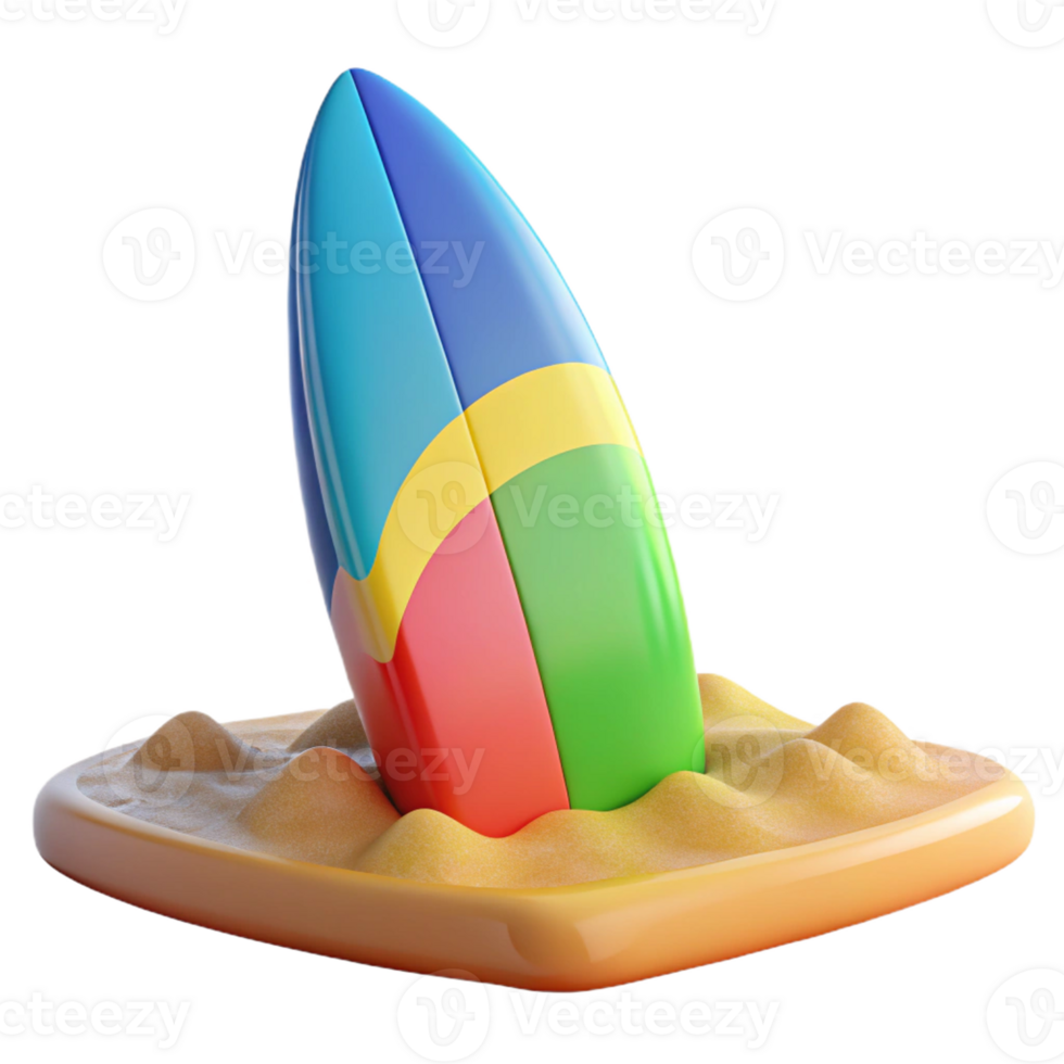3D colorful surfboard resting on the sand. png