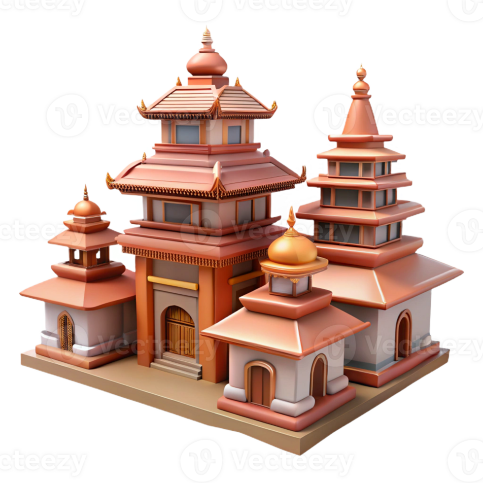 3D traditional pagoda temple with detailed tiers. png