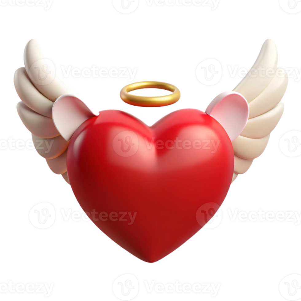 3D glowing red heart with angel wings and a halo. png