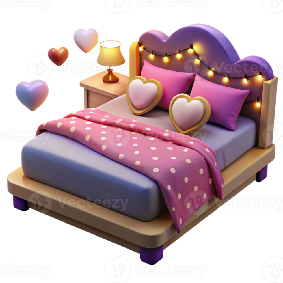 3D cozy bed decorated with hearts and pillows. png