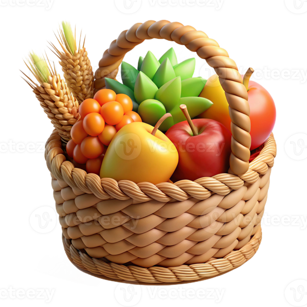 3D woven basket filled with fresh fruits and vegetables. png