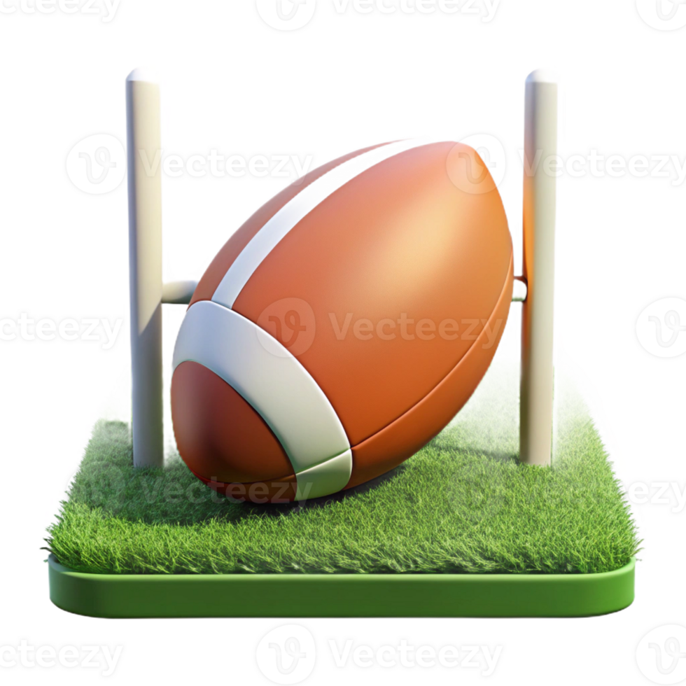3D rugby ball placed on grassy ground. png