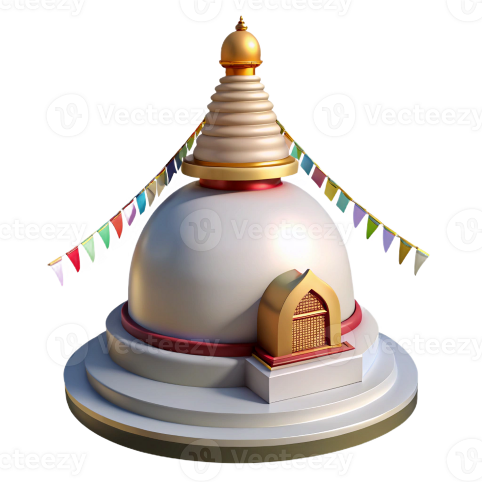 3D large white stupa with vibrant prayer flags. png