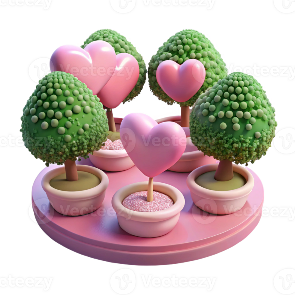 3D garden filled with heart-shaped trees and bushes. png