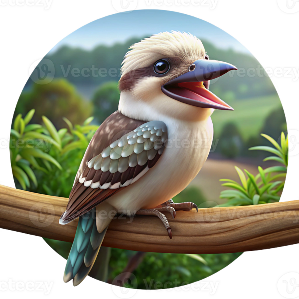 3D laughing kookaburra perched on a branch. png