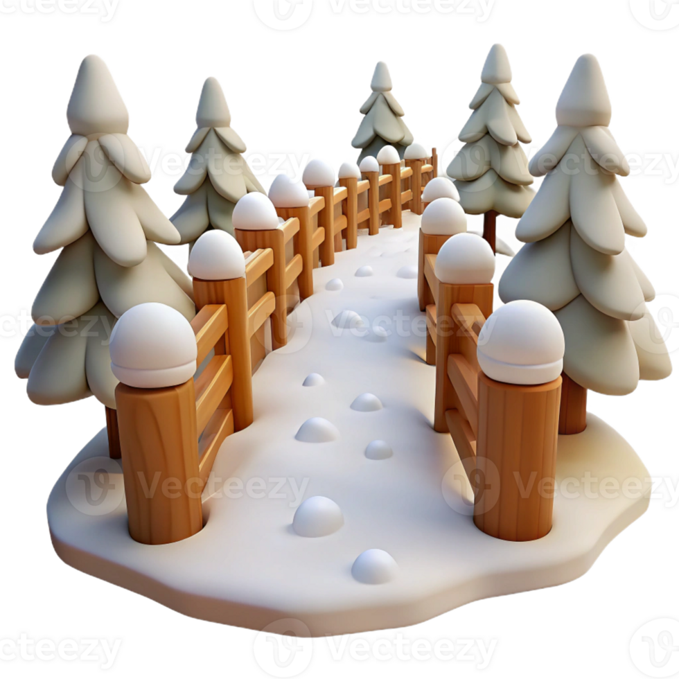 3D narrow snowy pathway lined with wooden fences. png