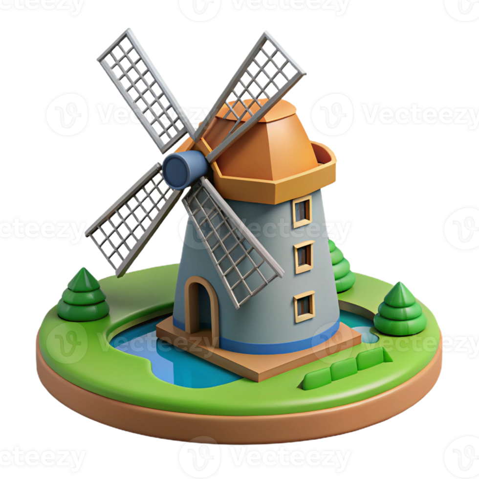 3D traditional Dutch windmill with vibrant surroundings. png