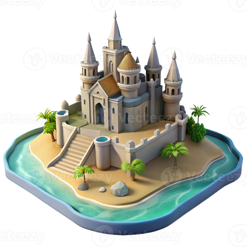 3D tidal sandcastle on a scenic island. png