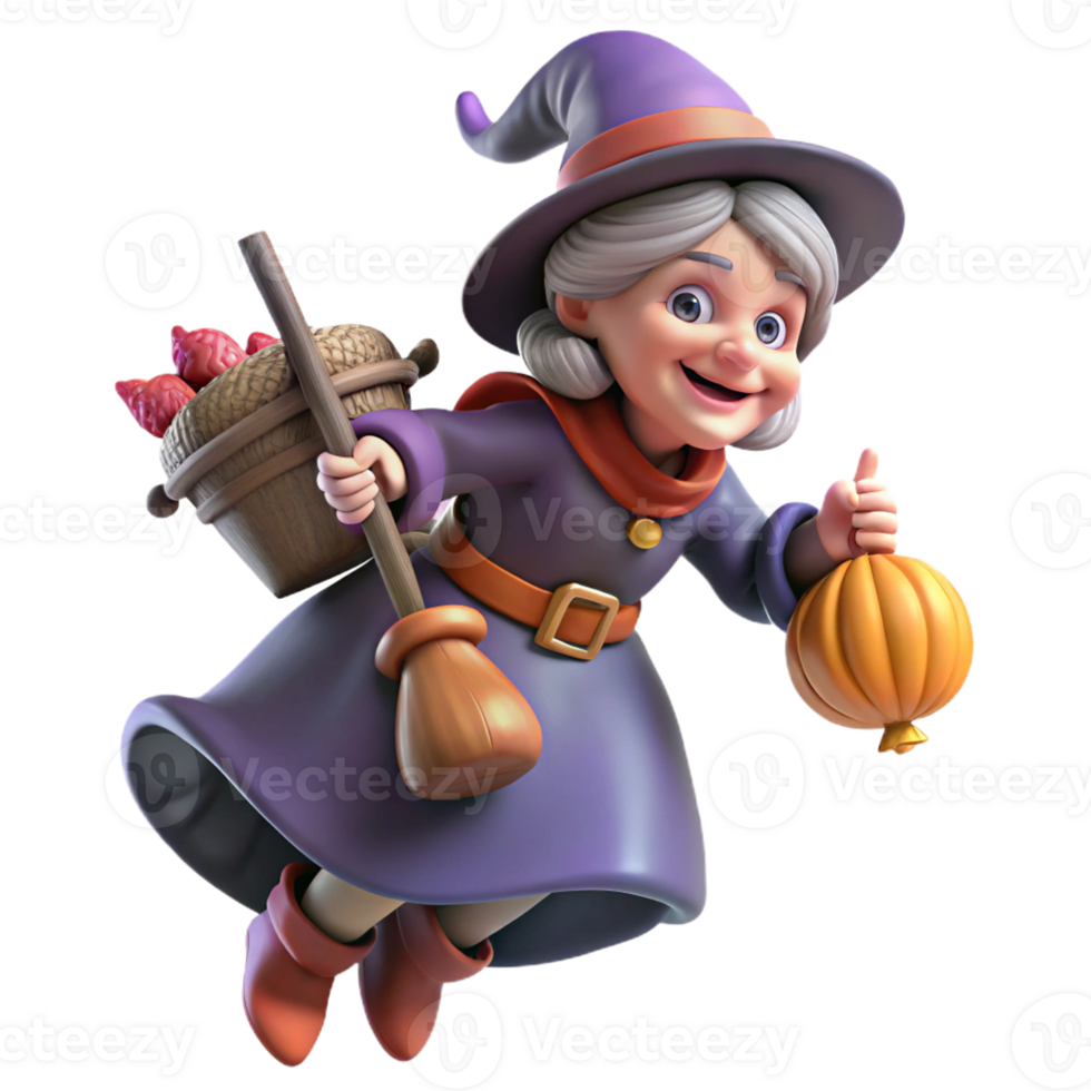 3D whimsical depiction of a witch holding a broom png