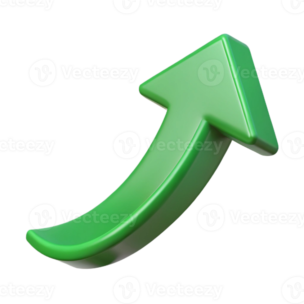 3D green arrow trending upward for business and analytics themes. png