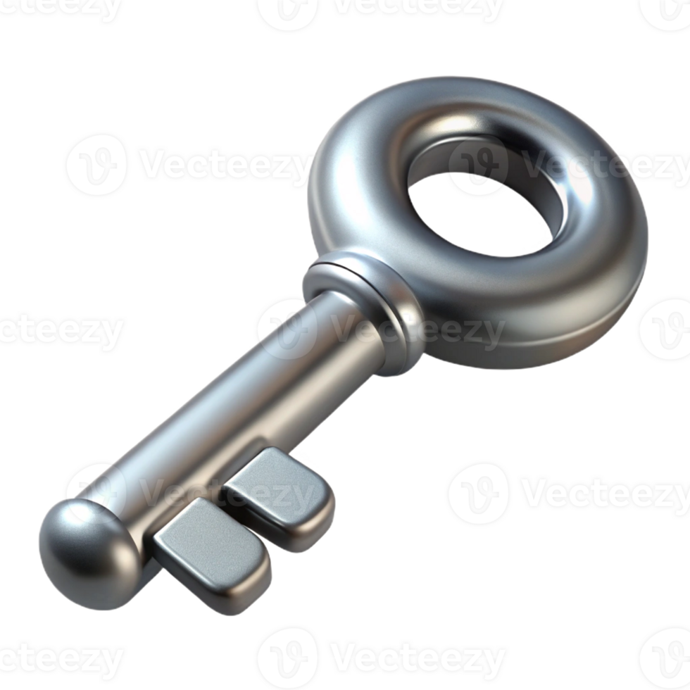 3D metallic key with intricate details. png