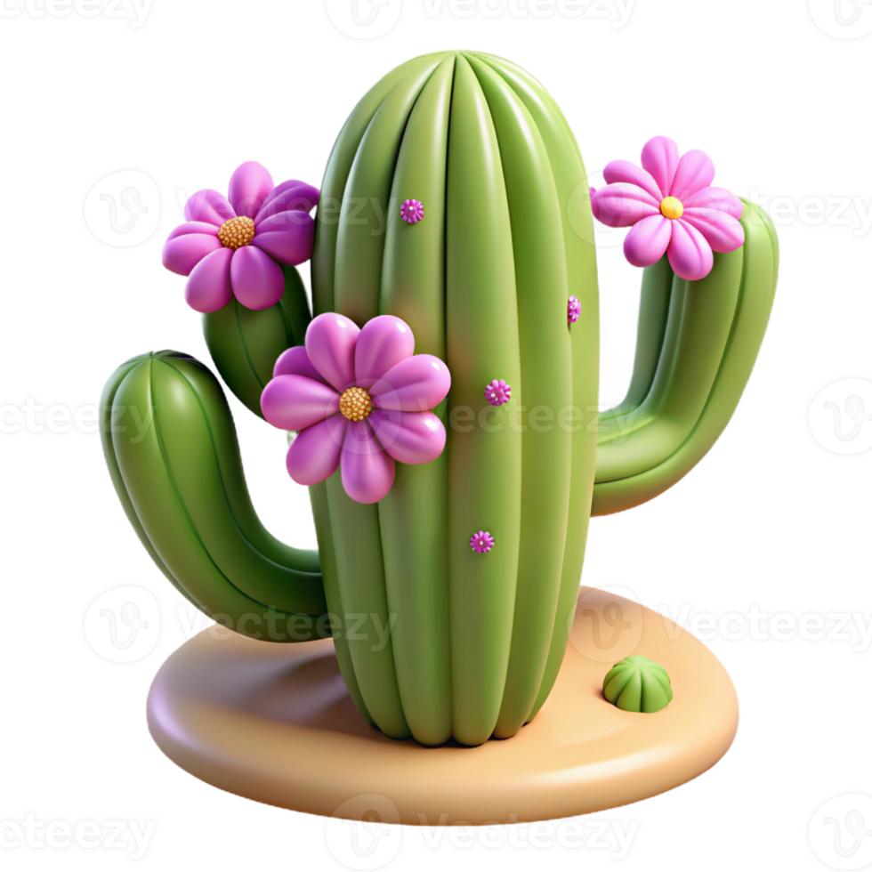 3D cactus with pink flowers in a desert setting. png