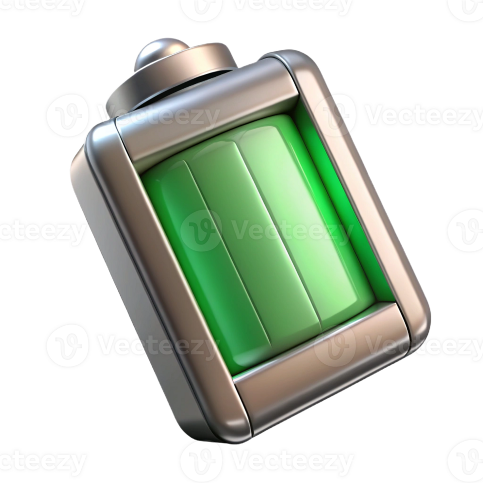 3D green battery icon with metallic casing. png