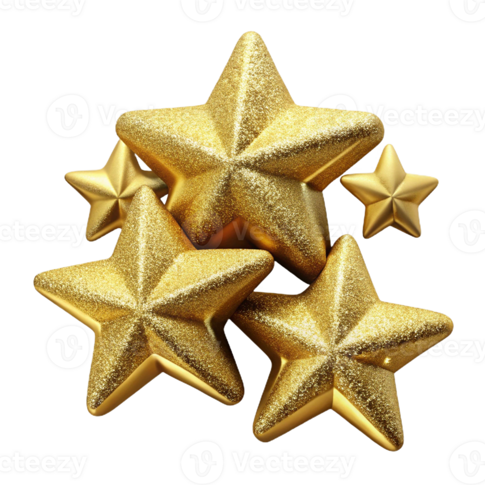 3D set of gold stars with glittery details. png