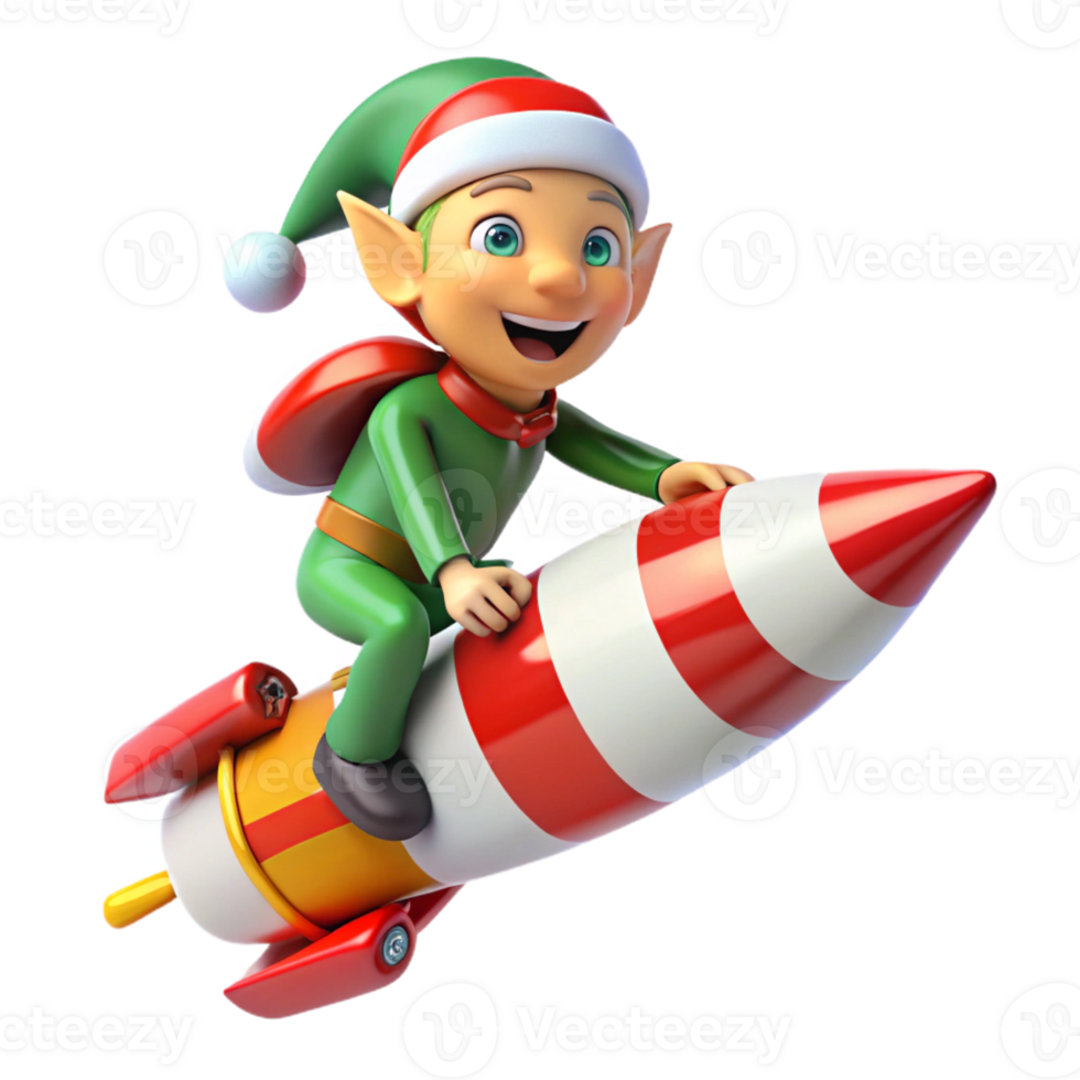 Festive Elf Riding a Candy Rocket png