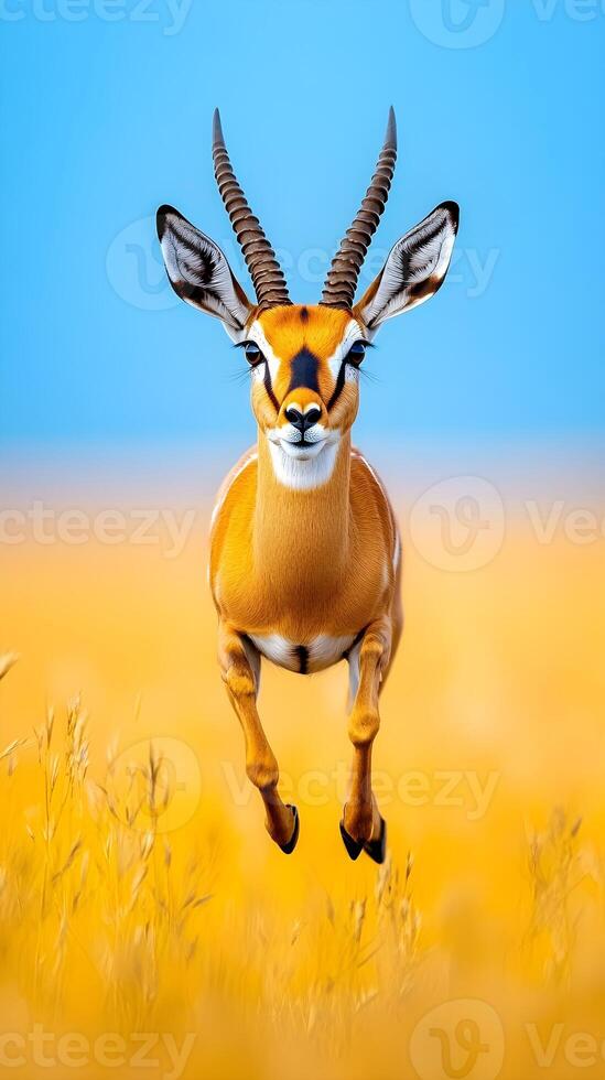 A captivating image of a gazelle in mid-leap, showcasing its agility and beauty. photo