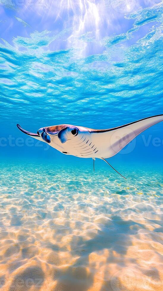 Stunning underwater shot of a manta ray gracefully gliding through vibrant, turquoise water above a sandy bottom. photo