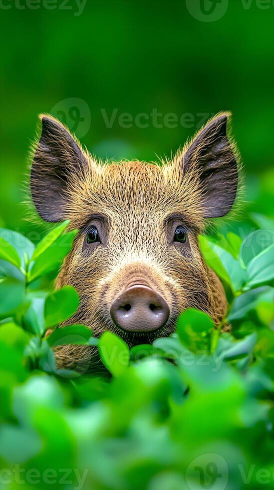 Close-up of a wild boar's head and snout peeking from behind dense green foliage. photo