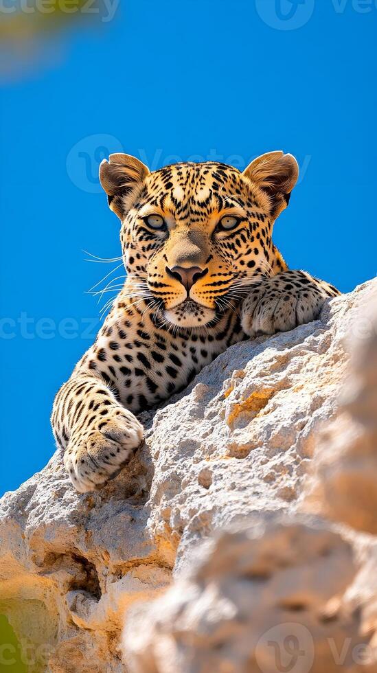 A close-up of a leopard resting on a light beige rock face against a vibrant blue sky. photo