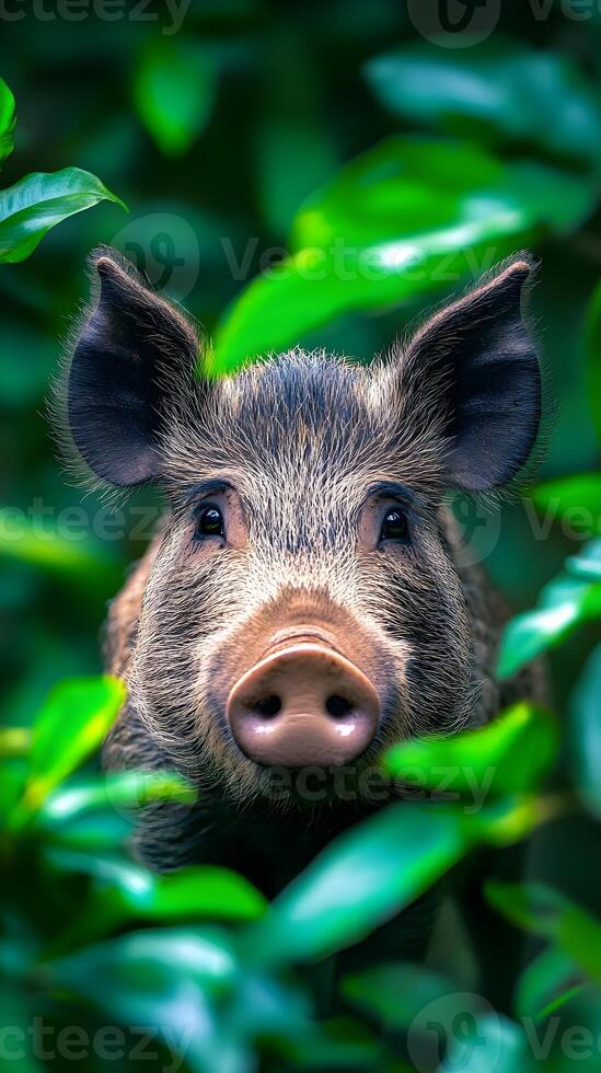 Close-up of a wild boar's head and snout peering inquisitively through a dense jungle. photo