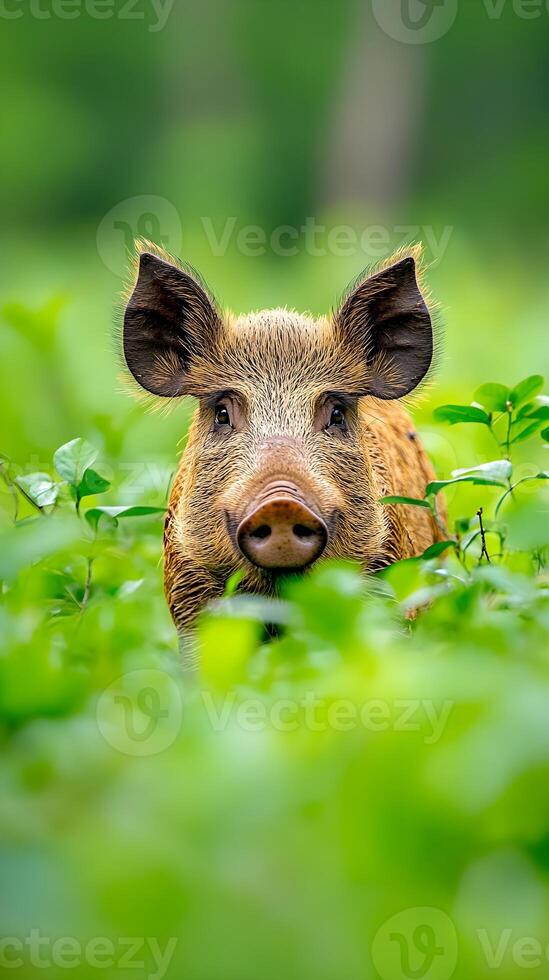 Close-up of a wild boar's head and shoulders, emerging from a dense thicket of vibrant green foliage. photo