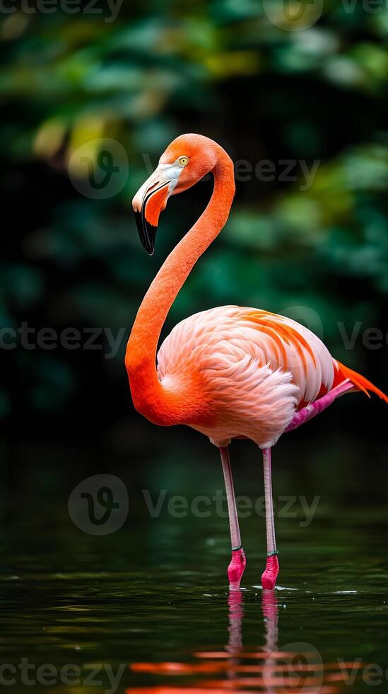 A stunning close-up of a flamingo, showcasing its vibrant pink plumage and elegant posture. photo