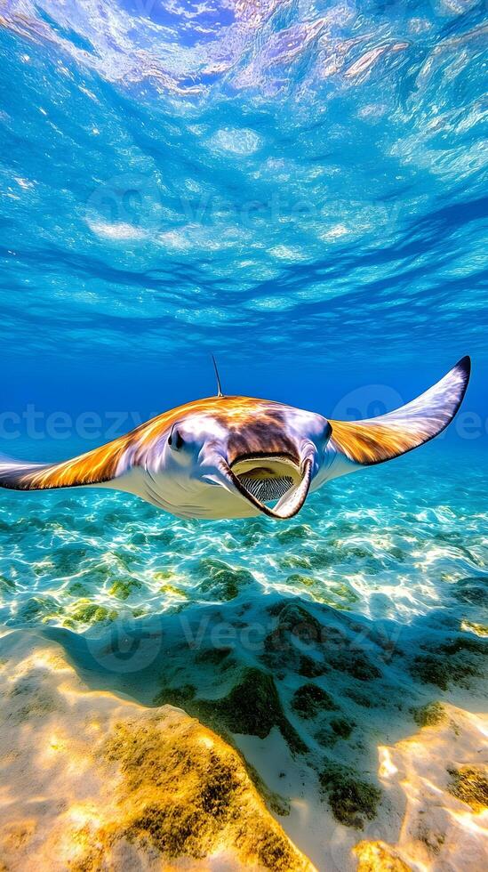 A stunning underwater shot of a stingray gliding gracefully through vibrant, turquoise water. photo