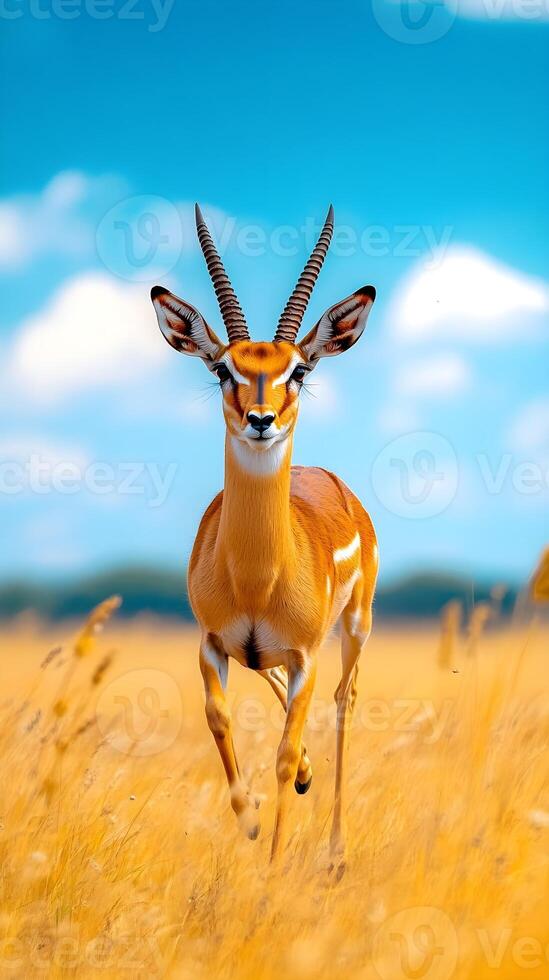 A stunning close-up of a gazelle in motion across a golden savanna. photo