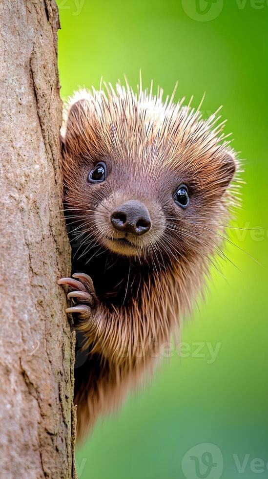 A captivating close-up of a tiny hedgehog, its soft, spiky fur and large, expressive eyes are the focal point. photo