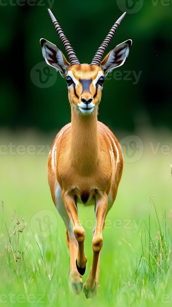 A captivating close-up of a springbok gazelle in full stride across a vibrant green field. photo