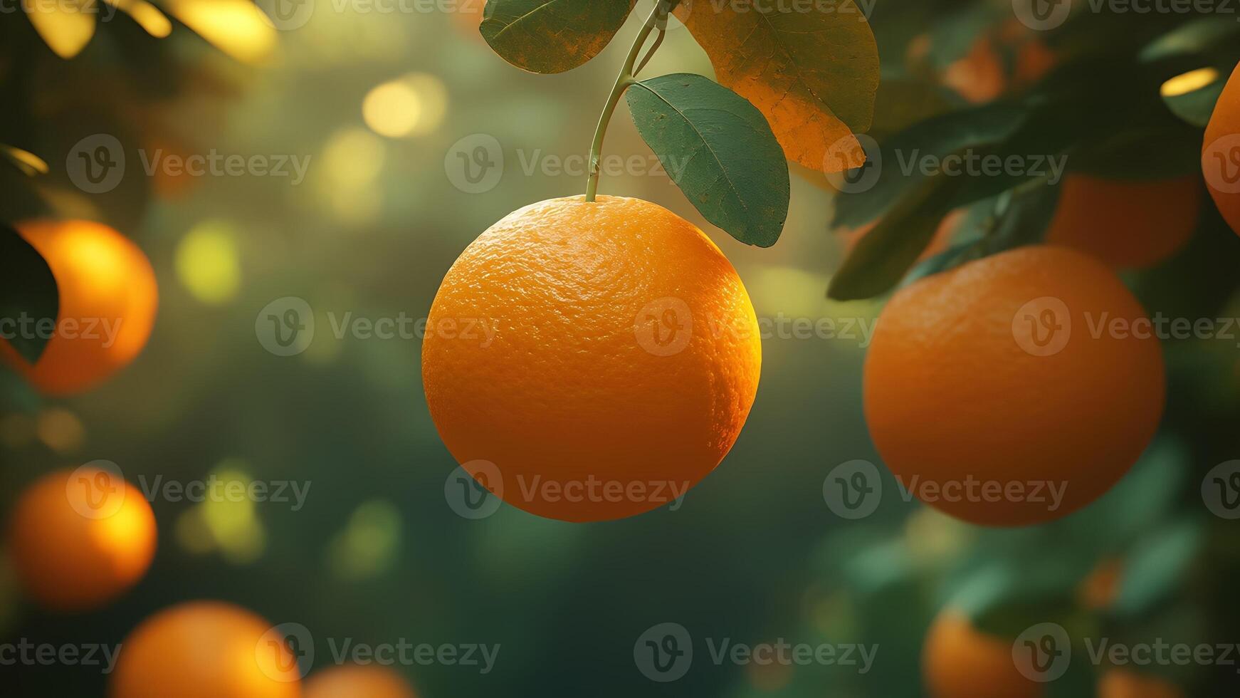 Photo of a close up orange fruit hanging on a tree with orange orchard background