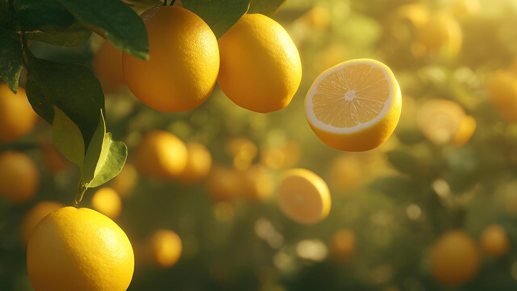 Lemon fruit still hanging from a tree with a lemon orchard in the background photo