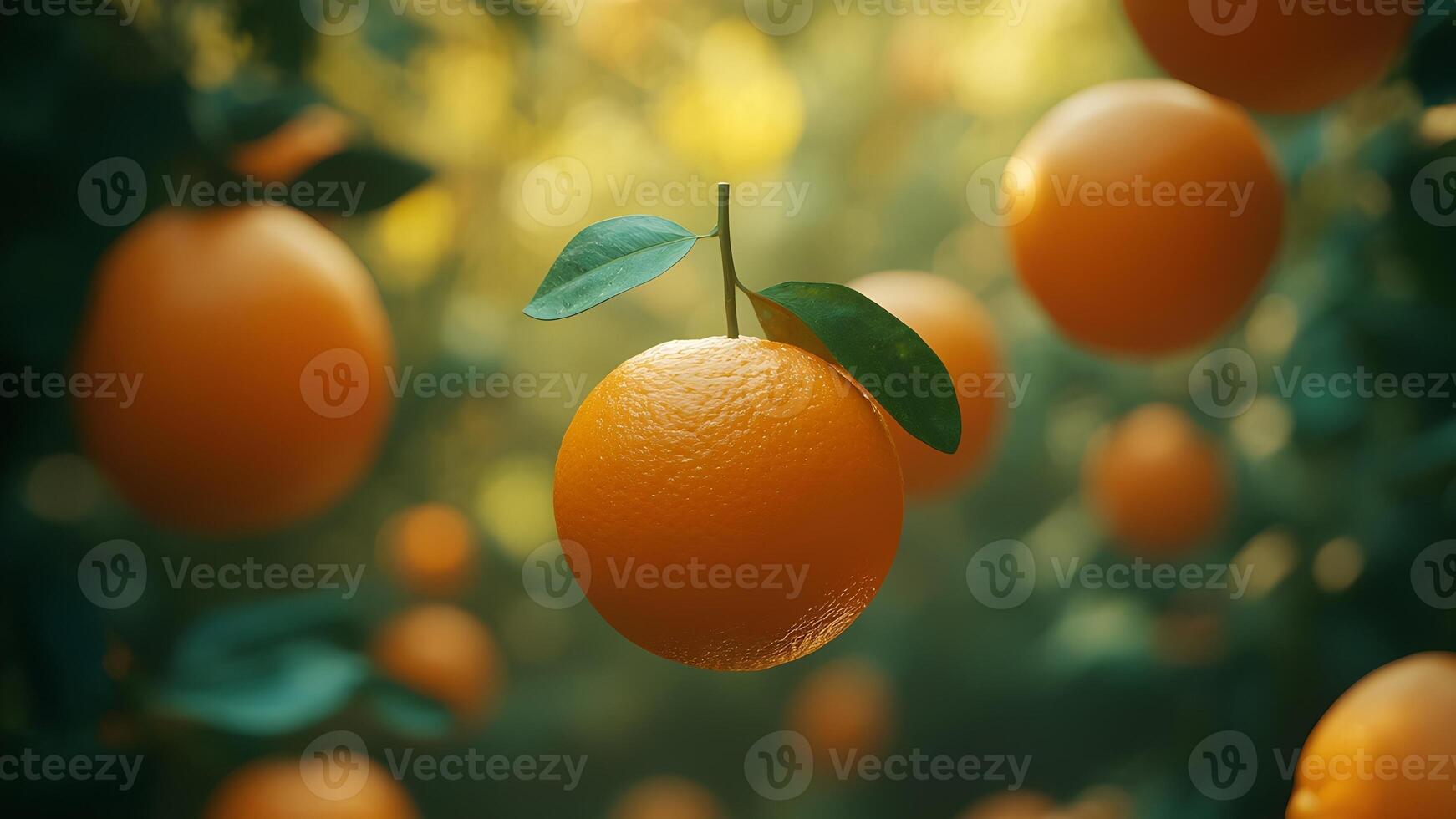 Photo of a floating orange fruit close up with orange orchard background