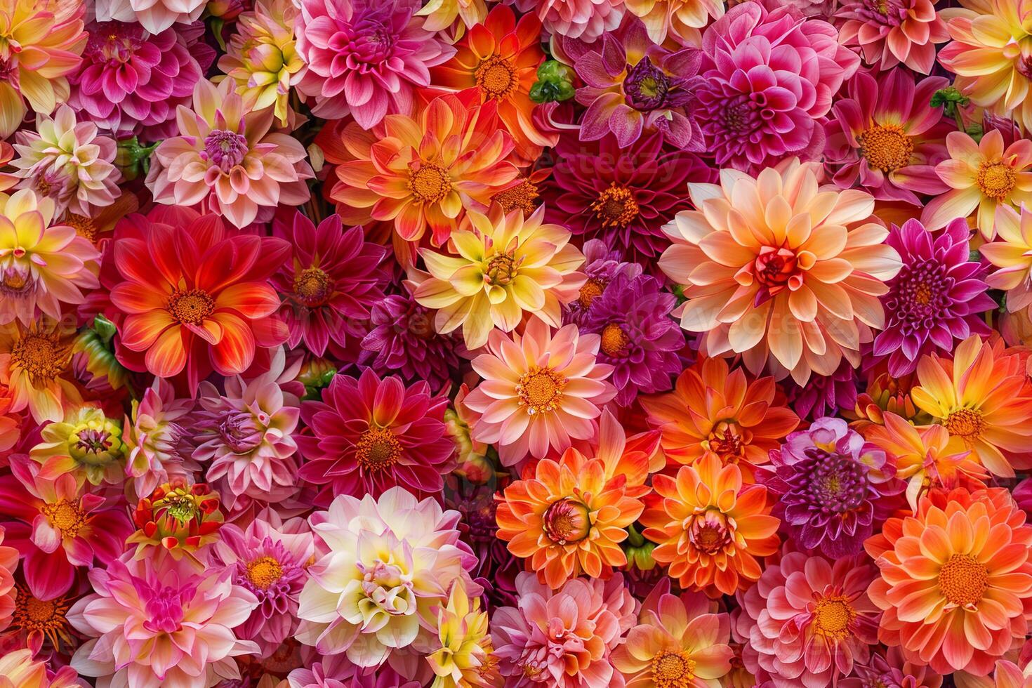 Floral background, red dahlias showcase bright colors in full bloom, creating a stunning floral arrangement during daylight. photo