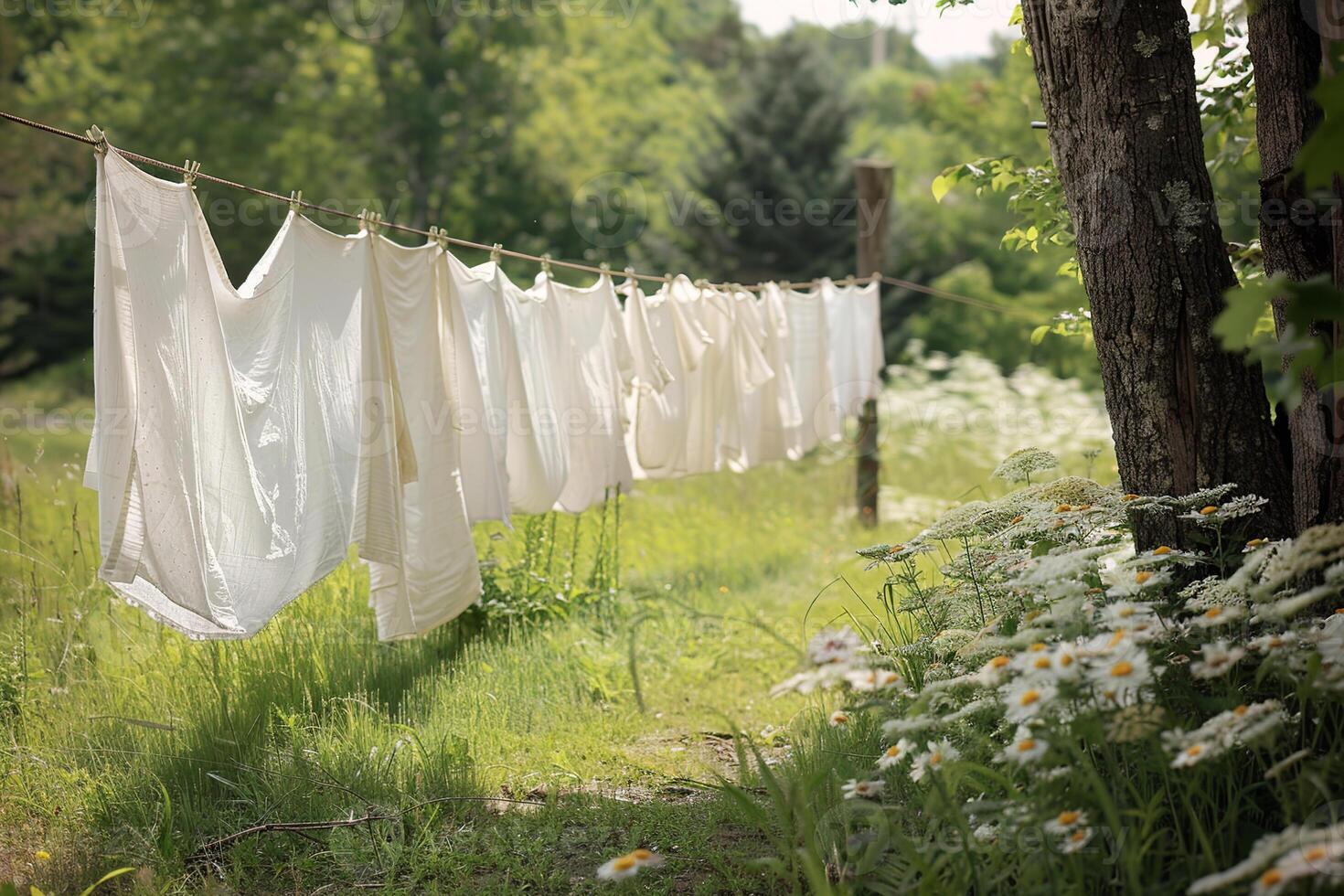 White linen is drying on a rope in a green forest on a sunny day. The washing concept photo
