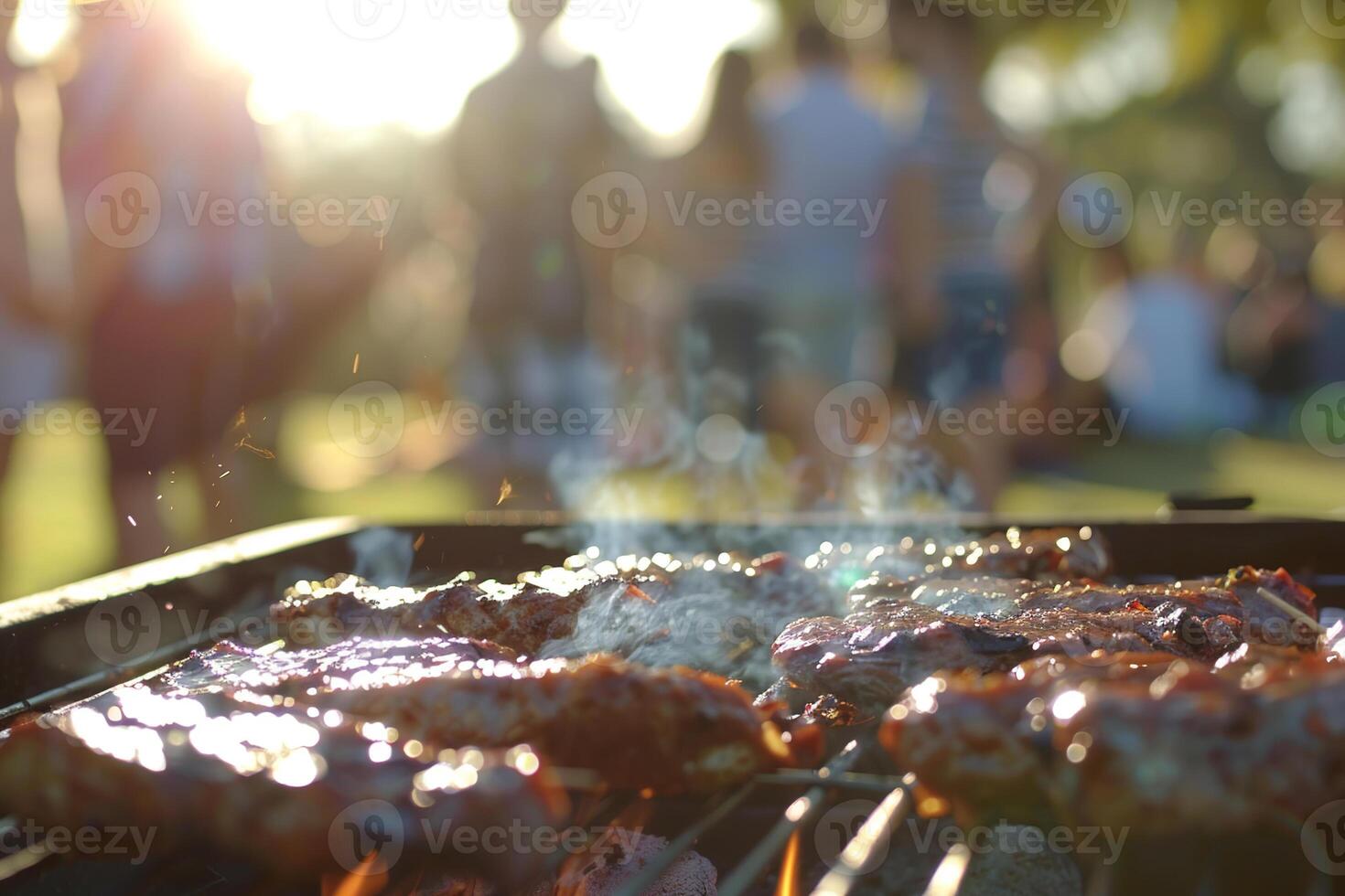 Barbecue with grilled meats sizzling over an open flame, summer party. Bbq photo