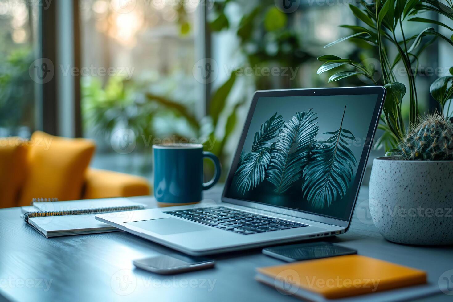 Open laptop with plant visuals on display in a cozy workspace setting photo