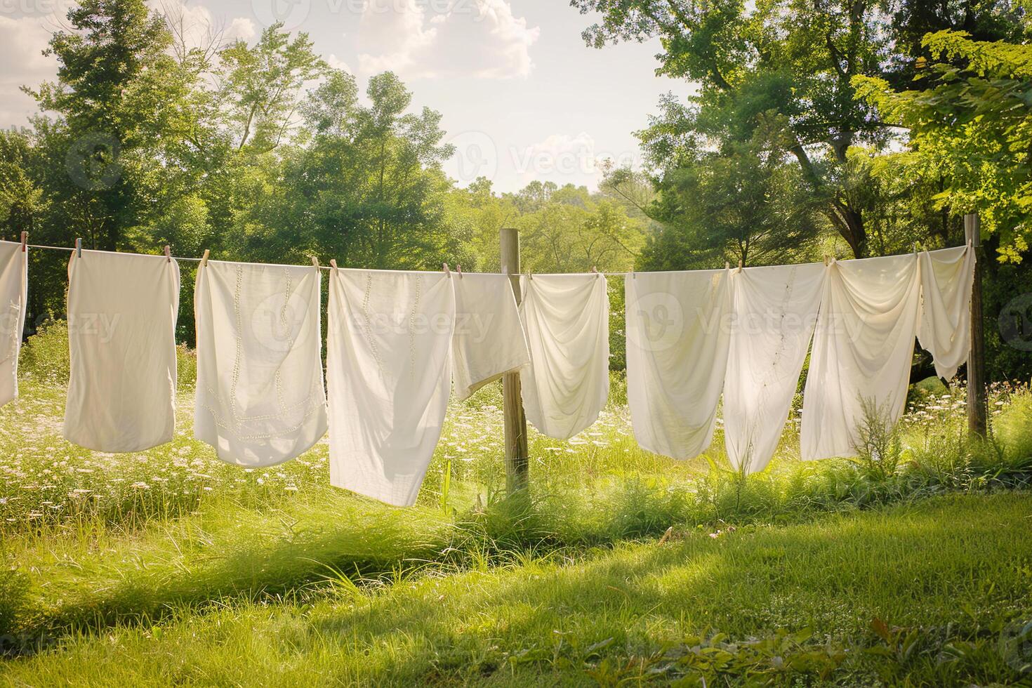 Linen sheets dry on a clothesline while surrounded by lush greenery and soft sunlight on a warm afternoon. photo