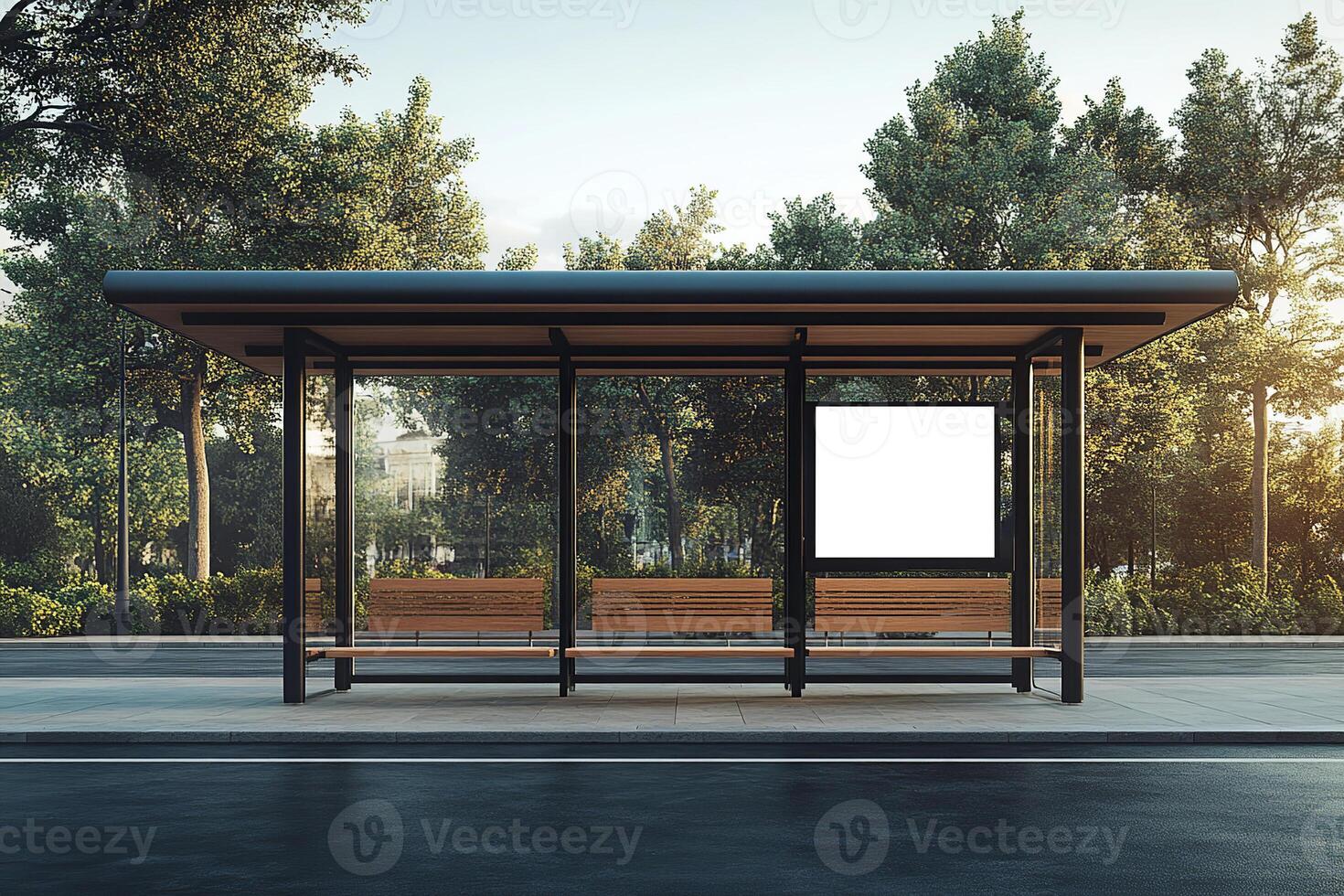 Bus stop shelter with advertisement panel mockup and a wooden bench in a quiet suburban neighborhood. photo