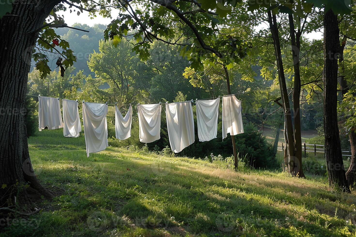 White linen is drying on rope in a green forest on a sunny day. Laundry concept photo
