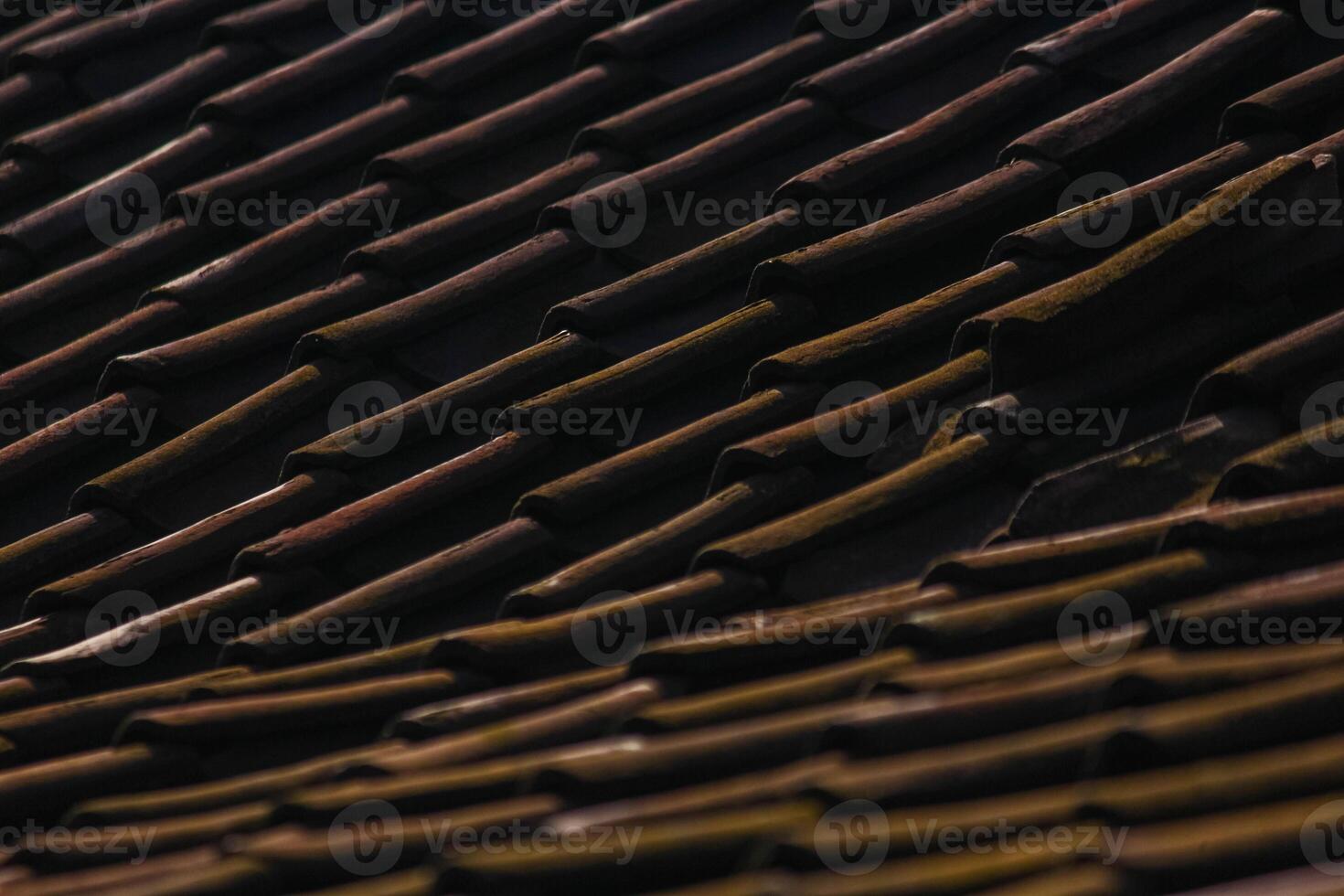A close up of a roof with many different tiled roofs photo