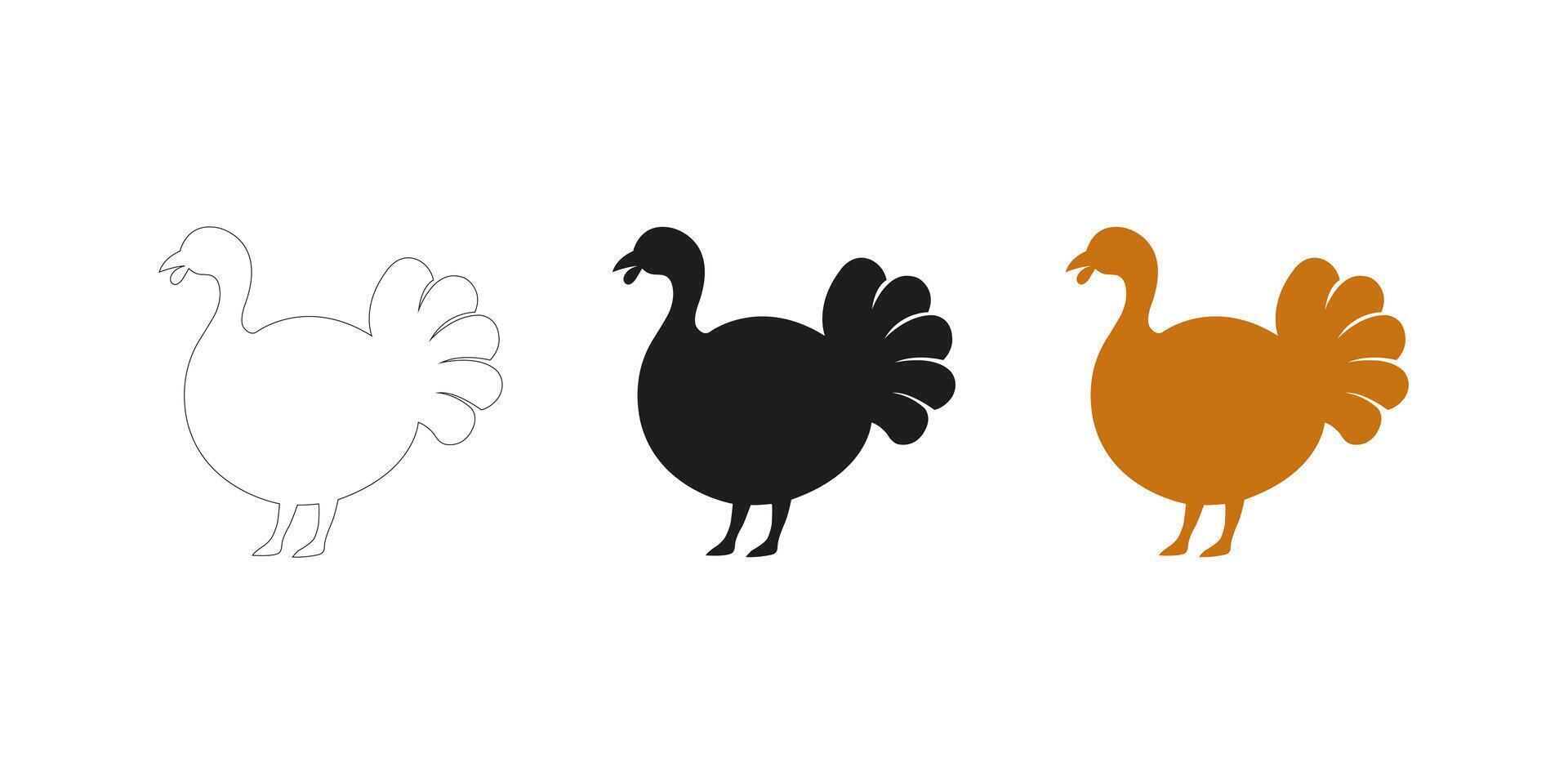 Turkey Bird Illustration in Three Styles - Editable Stroke Outline, Silhouette, and Color vector