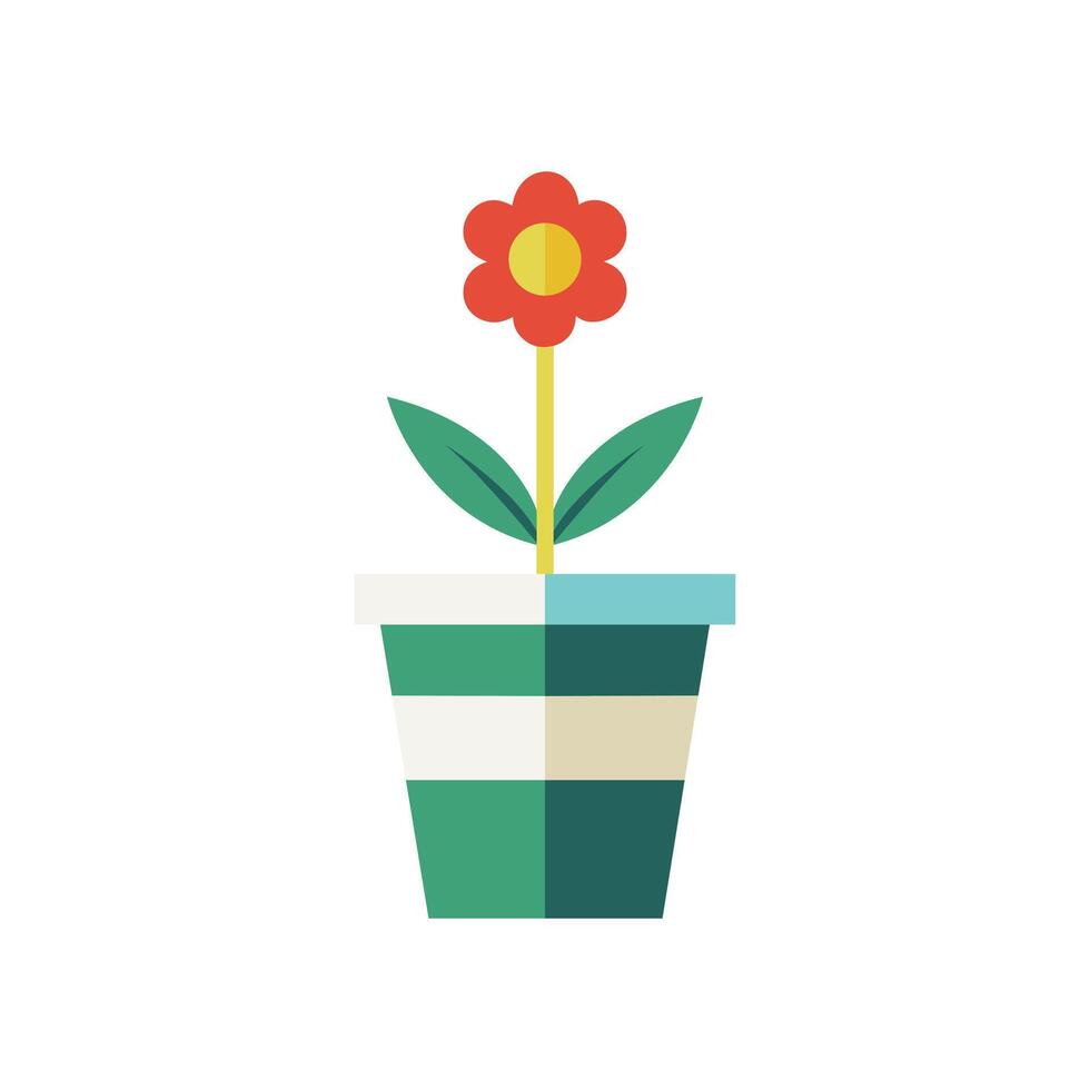 Minimalist Illustration of a Red Flower with Yellow Center in a Green and Beige Striped Pot vector