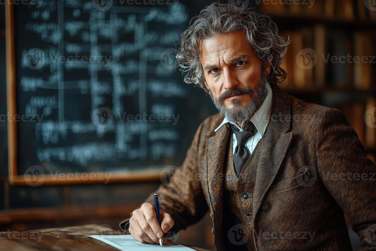 A research scientist writes in a notebook. Behind him is a board with formulas. photo