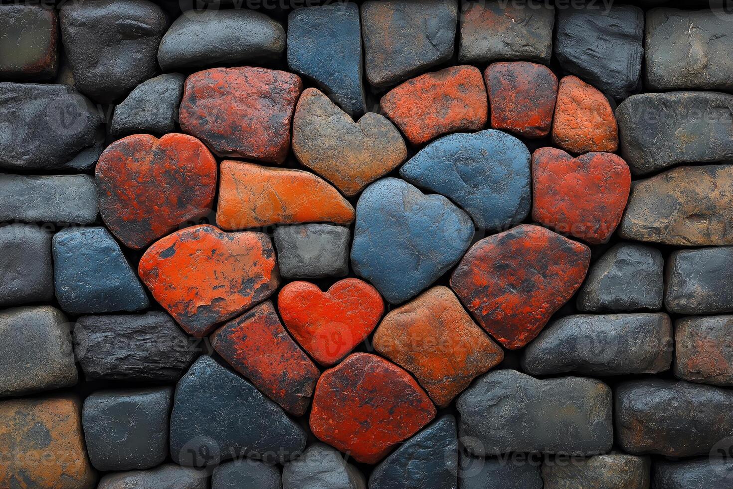 A wall made of stones has several stones shaped and colored to form a heart pattern. photo