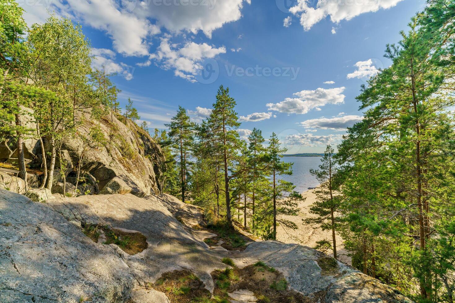 Beautiful rocks and pine trees on the lake. Summer day in nature. photo